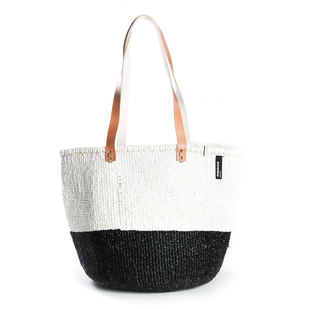 Medium Kiondo Basket with Long Leather Handles by Mifuko - White + Black