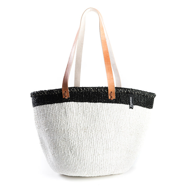 Medium Kiondo Basket with Long Leather Handles by Mifuko - White + Black Stripes